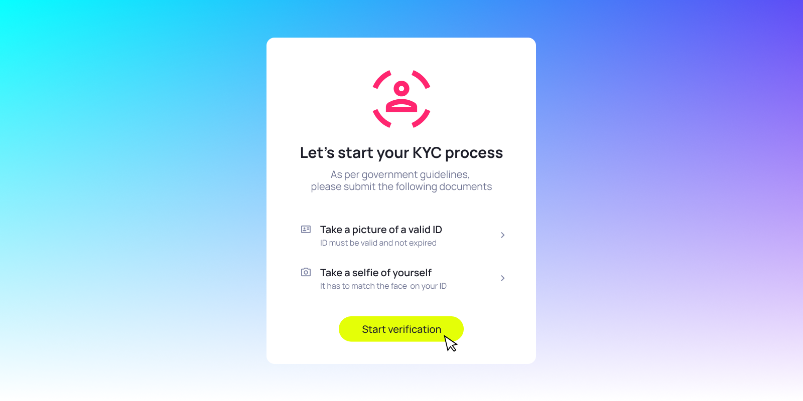 A KYC verification screen prompting users to upload a valid ID and a matching selfie, with a bright yellow “Start verification” button at the bottom.