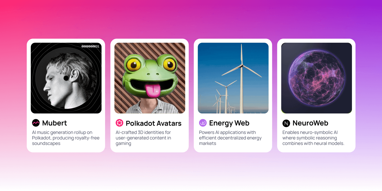 Four cards showing AI projects: Mubert music, Polkadot Avatars with frog character, Energy Web with wind turbines, NeuroWeb with purple sphere