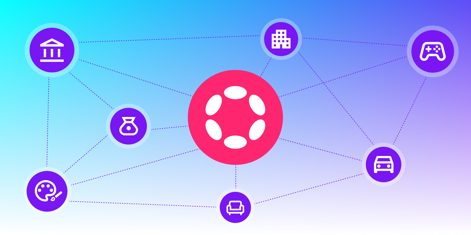 A visual representation of Polkadot connecting industries such as gaming, finance, and real estate through its blockchain technology