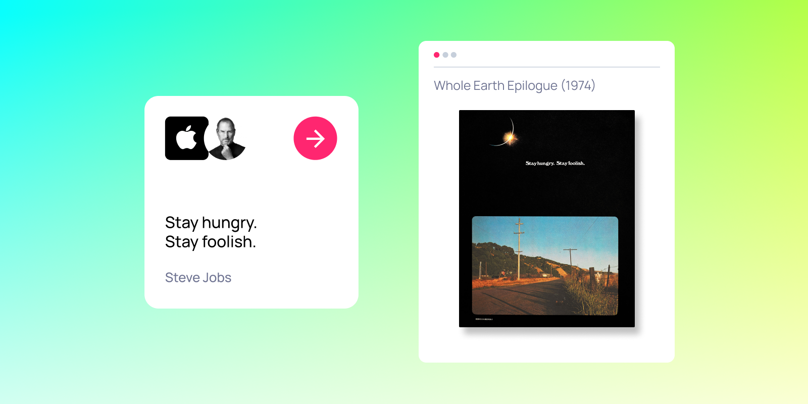 Steve Jobs quote: Stay hungry, stay foolish, and backcover of Whole Earth Epilogue (1974)