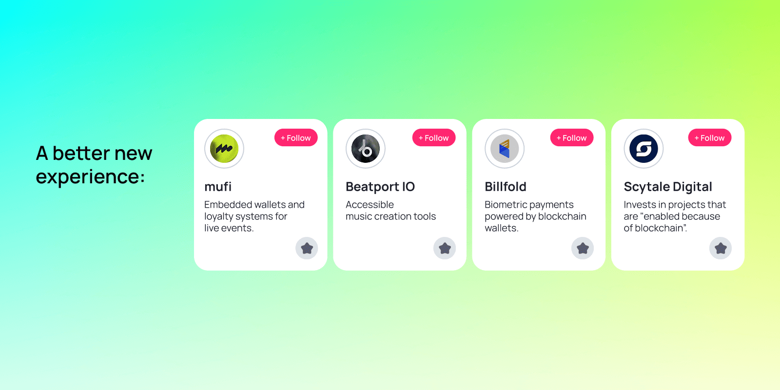 Four project cards on gradient background showing Mewfi, Beatport IO, Billfold, and Scytale Digital with descriptions of their Web3 music solutions