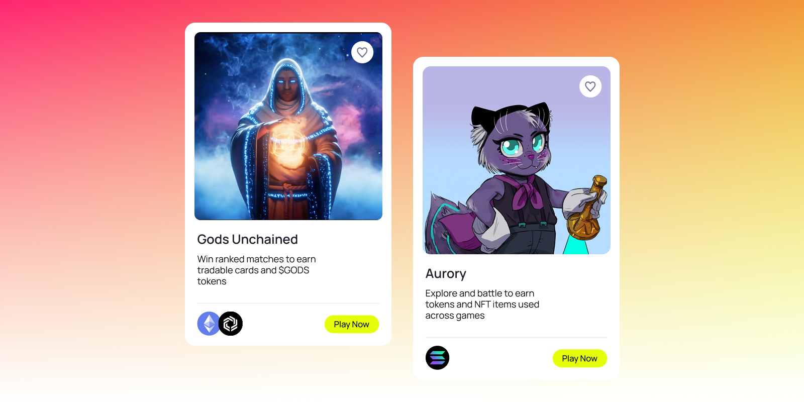 Cards for Gods Unchained and Aurory, two top play-to-earn Web3 games, with character artwork, brief gameplay descriptions, and blockchain icons.