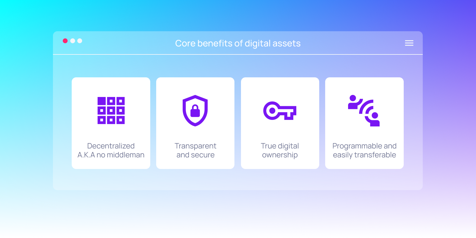 Infographic highlighting advantages of digital assets: decentralization, security, true ownership, and programmability