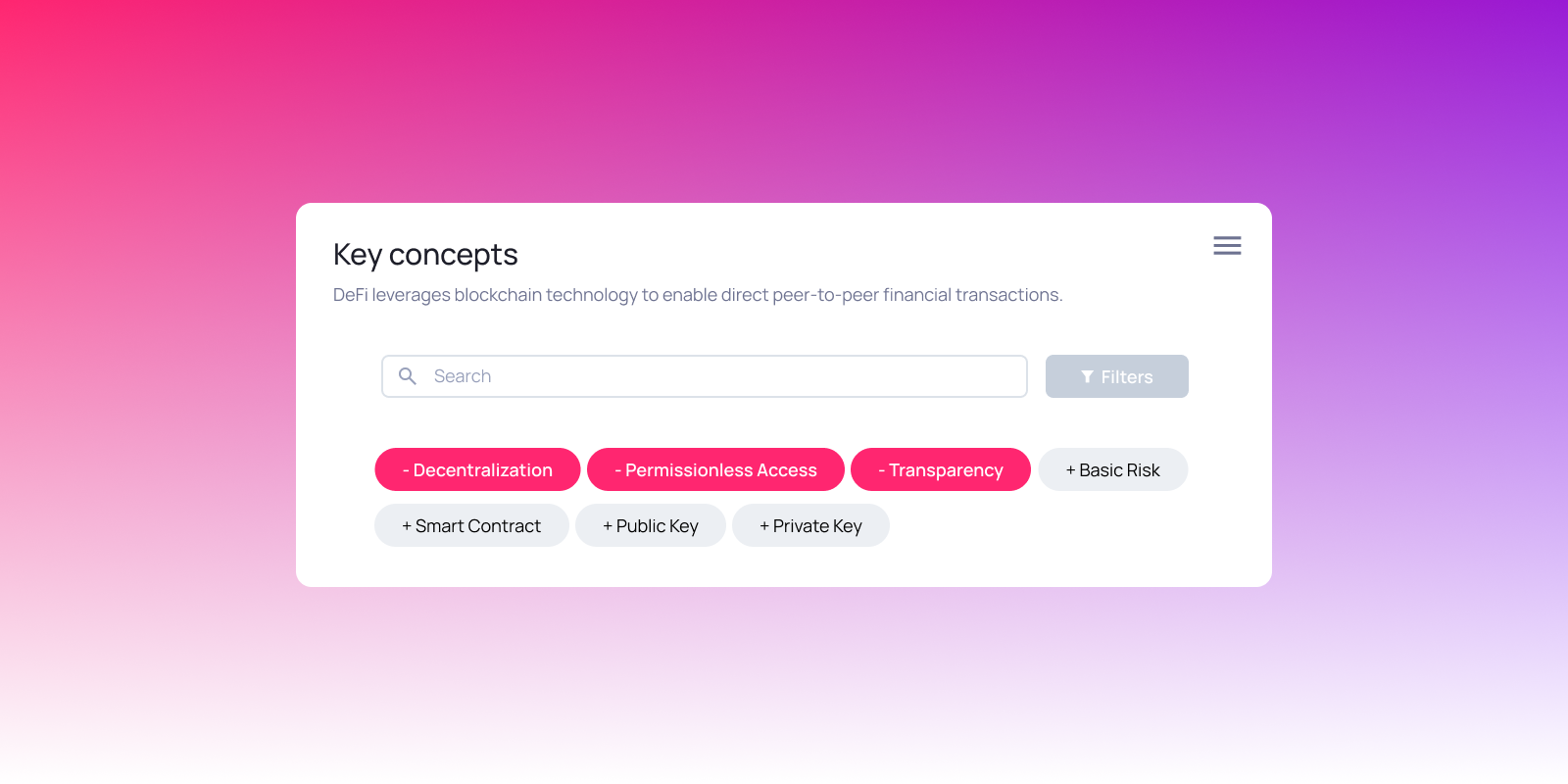 Key DeFi concepts including decentralization, permissionless access, transparency, and smart contracts displayed as interactive tags