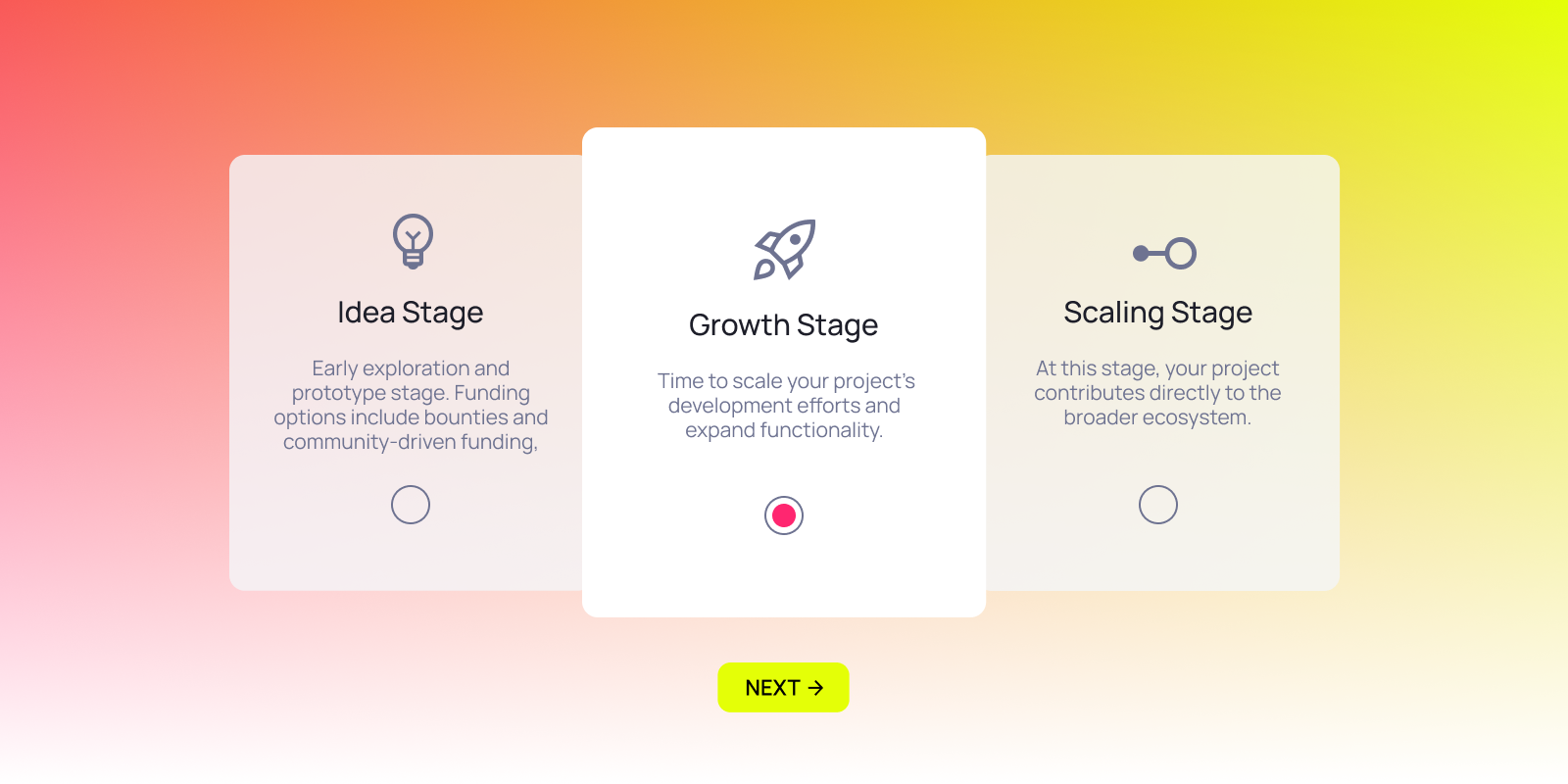 Illustration of different Web3 funding stages: idea stage, growth stage, and scaling stage, guiding projects through their development journey.