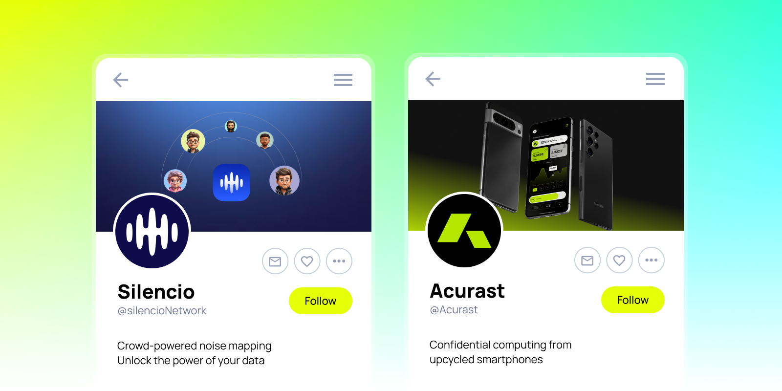 Silencio and Acurast social profiles showcasing real-world DePIN use cases: noise mapping and confidential computing with upcycled smartphones.