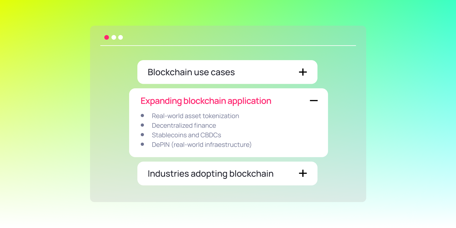 Overview of expanding blockchain applications, including real-world asset tokenization, decentralized finance (DeFi), stablecoins, CBDCs, and DePIN (decentralized physical infrastructure networks).