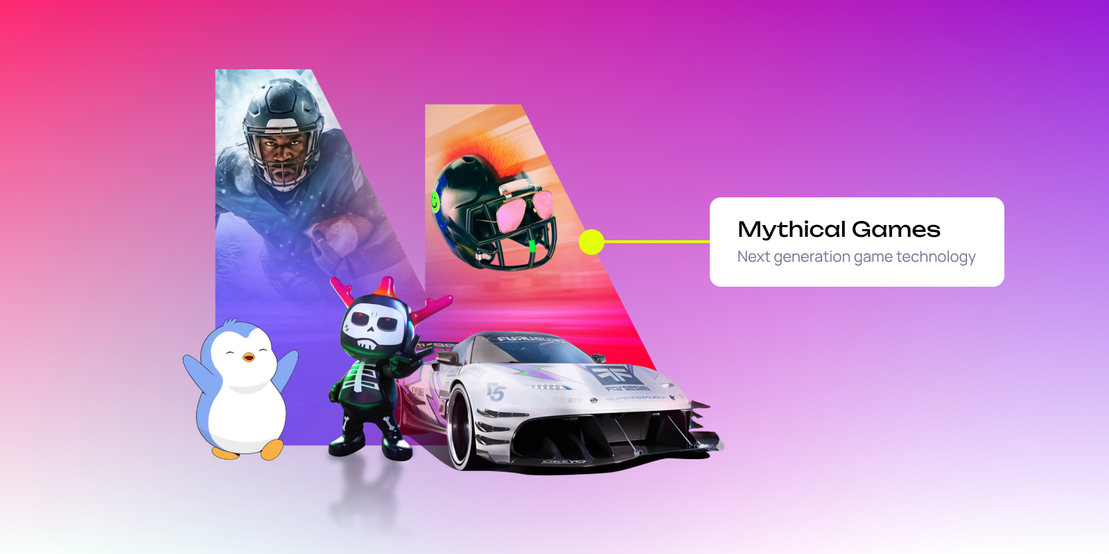 Mythical Games characters and assets, including NFL player, racing car, penguin, and skeleton figure. Text reads: Mythical Games, next generation game technology.