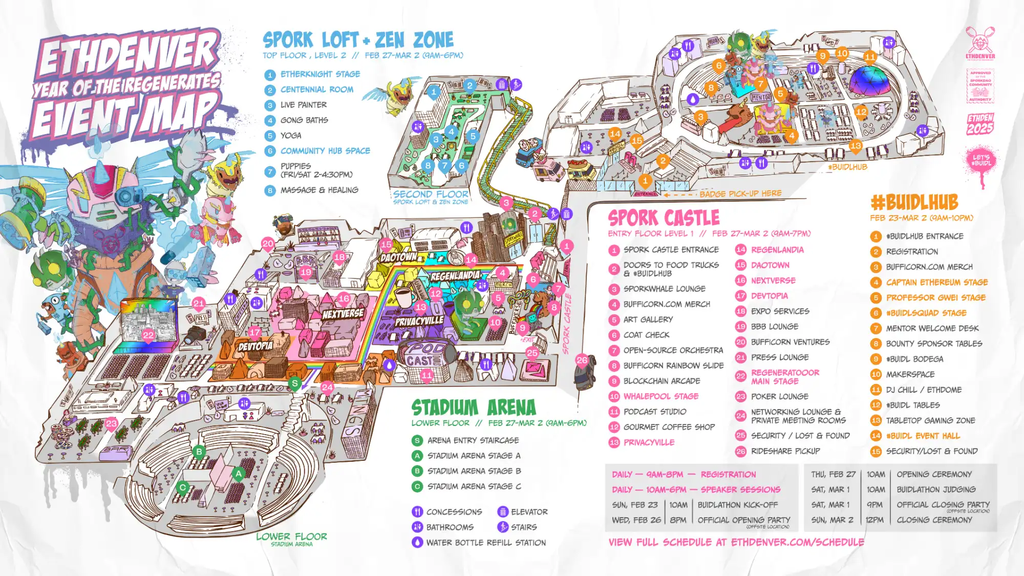 Detailed event map of ETHDenver 2025, showcasing key zones like Spork Castle, Spork Loft, Zen Zone, BuildHub, and Stadium Arena, with activity locations and event schedules.