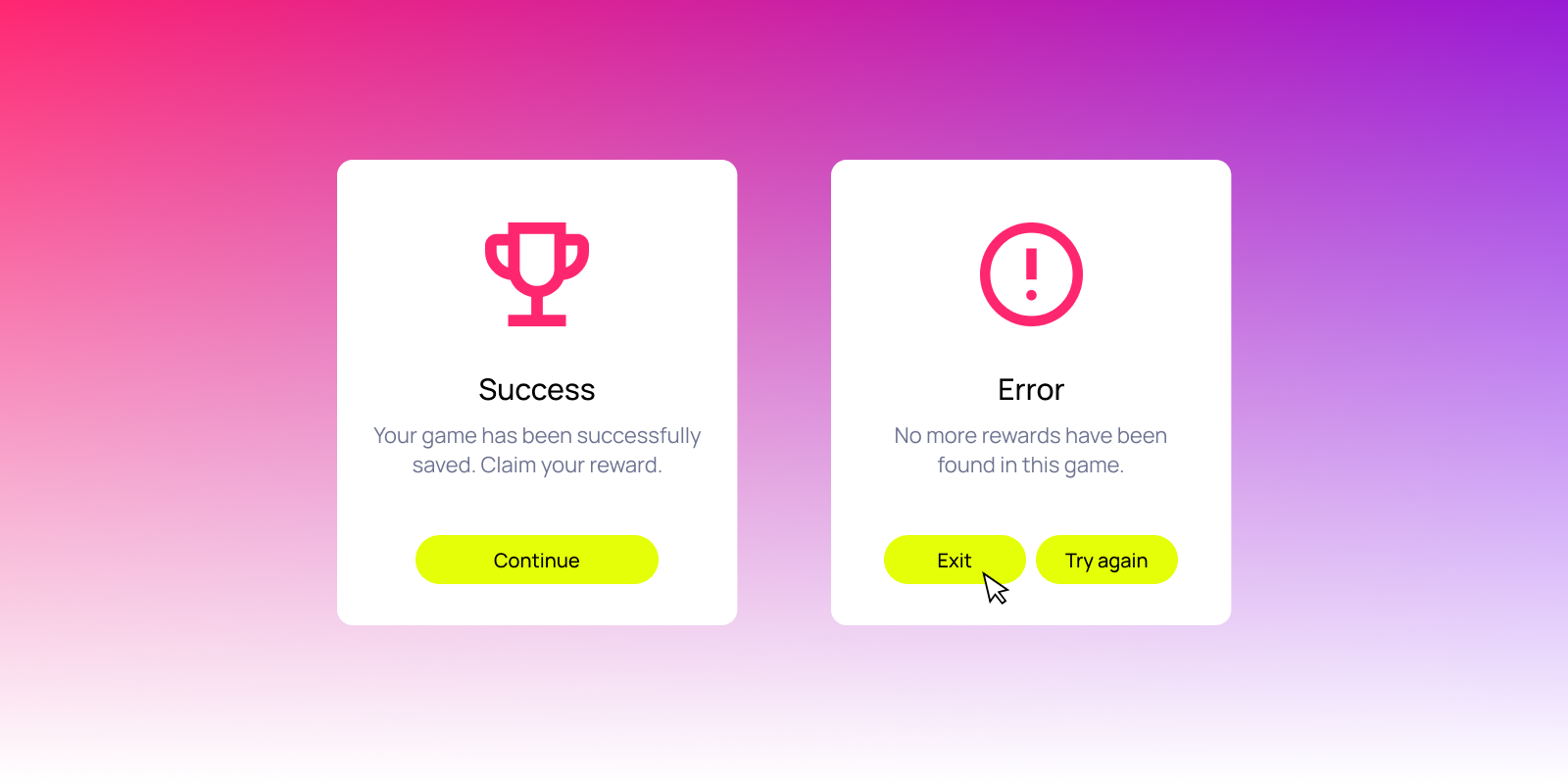 Two game status cards. Left: Success, claim reward. Right: Error, no more rewards. Buttons: Continue, Exit, Try again. Pink and purple background.