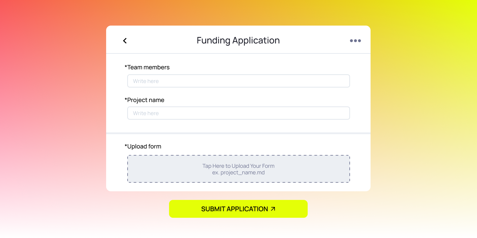 User interface for submitting a Web3 funding application, allowing teams to enter project details and upload required documents.