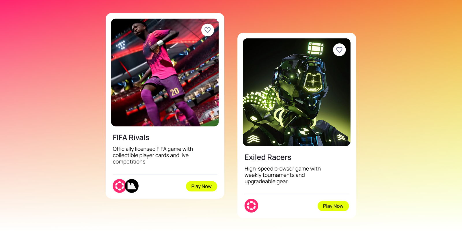 Split graphic showing FIFA Rivals and Exiled Racers, two top play-to-own Web3 games, with gameplay images and short descriptions.