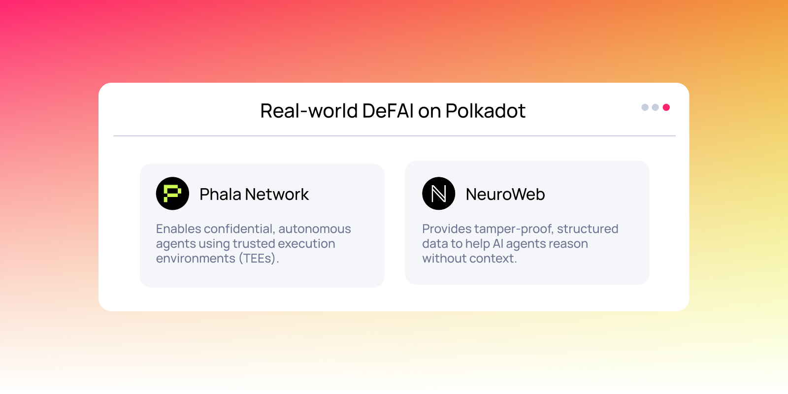 Illustration showing two Polkadot-based DeFAI protocols: Phala Network for autonomous agents with TEEs, and NeuroWeb for tamper-proof structured data.