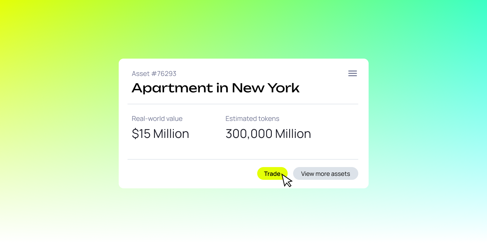 Tokenized $15M NYC apartment asset showing real-world value and estimated tokens for blockchain trading.