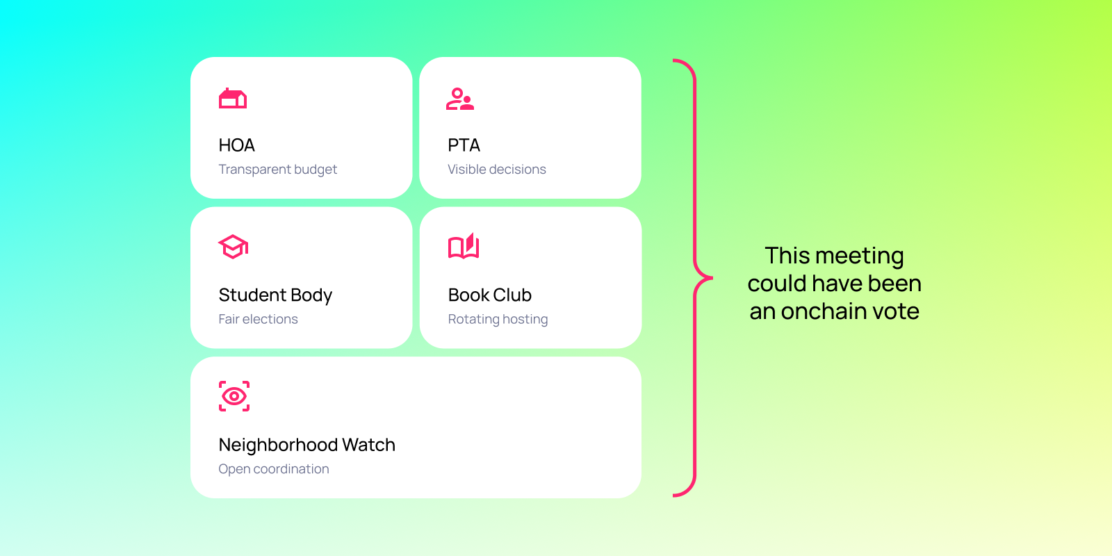 Illustrated grid showing HOA, PTA, student body, book club, and neighborhood watch with benefits like transparent budgets and fair hosting.