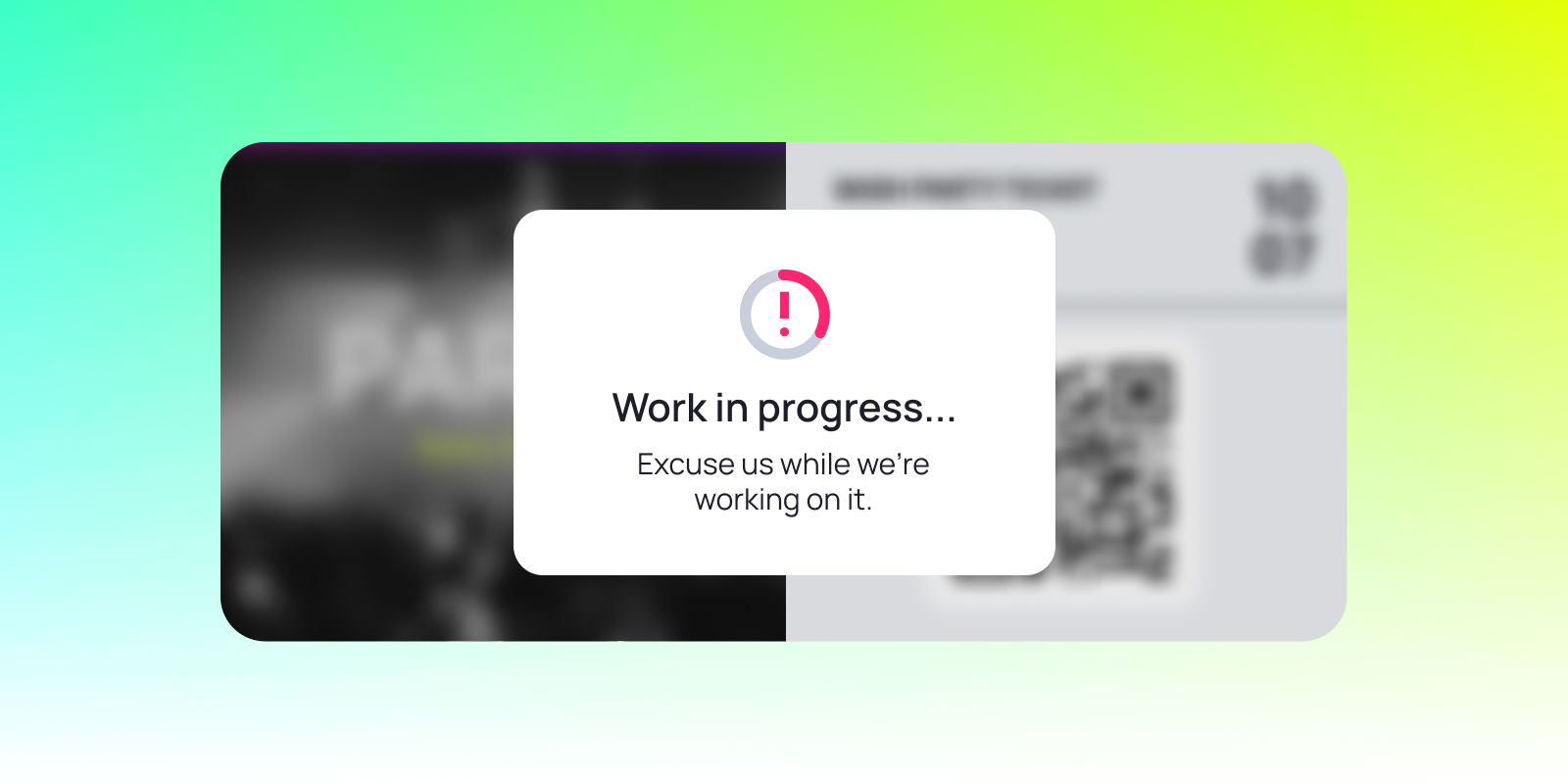 Work in progress message over a blurred Web3 music platform, with a notice saying, "Excuse us while we’re working on it," against a gradient background.